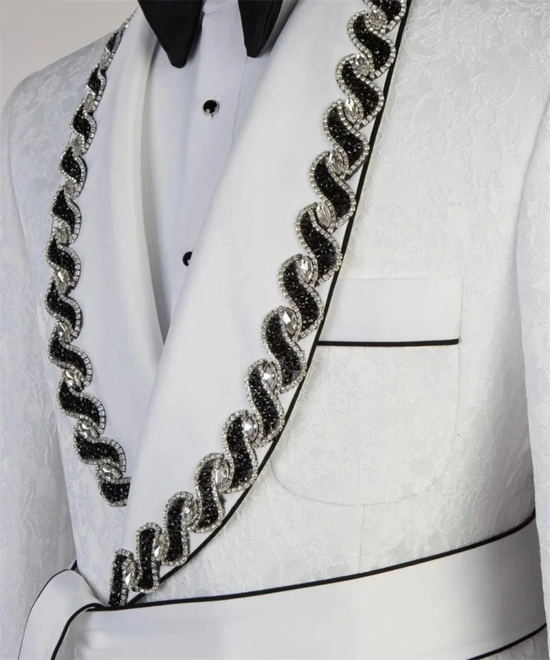 Modern Men Suits Jacquard Tailor-Made 2 Pieces Set Shawl Lapel Jacket Beading Blazer Double Breasted Groom Customized Coat Pants