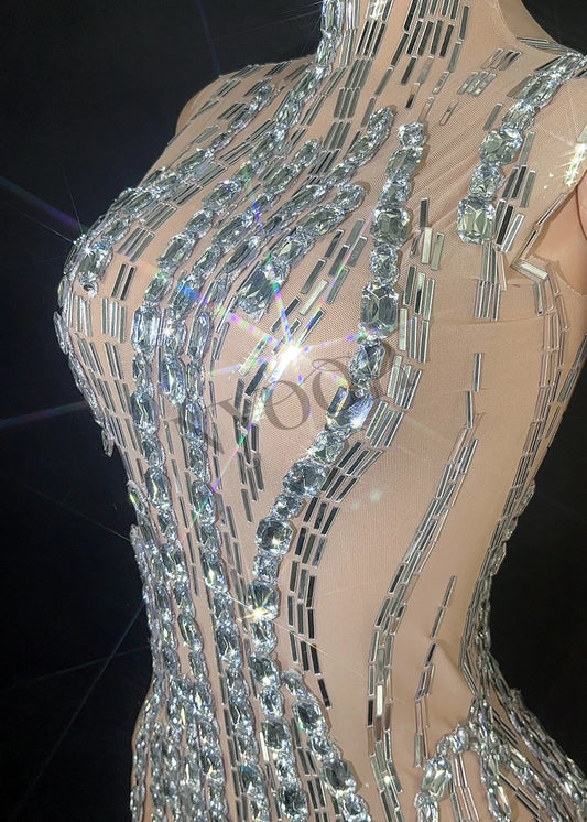 Sparkly Rhinestone Mirrors Bodysuit for Women Sexy Mesh Transparent Sleeveless Nightclub Performance Dance Costume Stage Wear