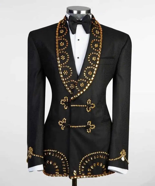 Handsome Wedding Tuxedos Rhinestone Beaded Double Breasted Men Suit Shawl Lapel 1 Piece Set Jacket Groom Blazers Customized