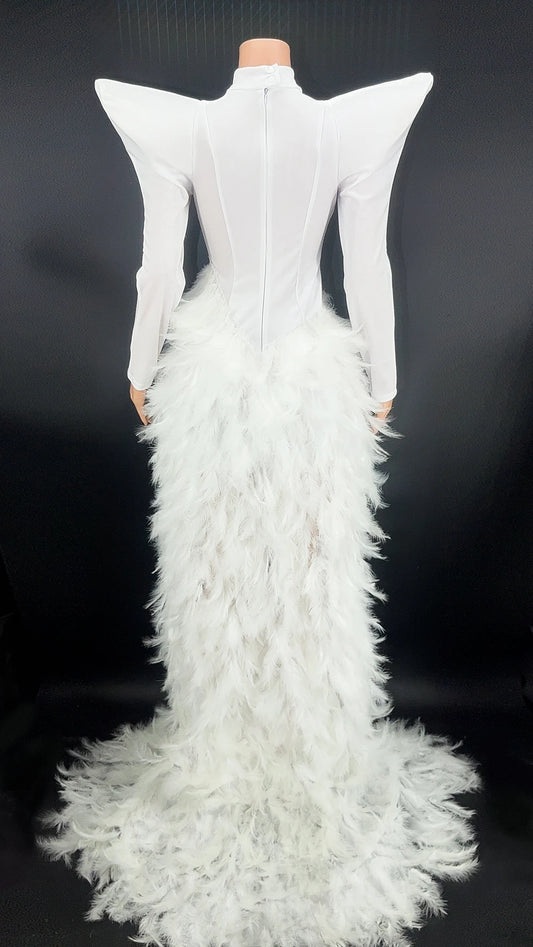 Robe de soirée longue à plumes et strass scintillants pour femme, tenue de scène, de chanteur, de spectacle, de fête, d'anniversaire 
