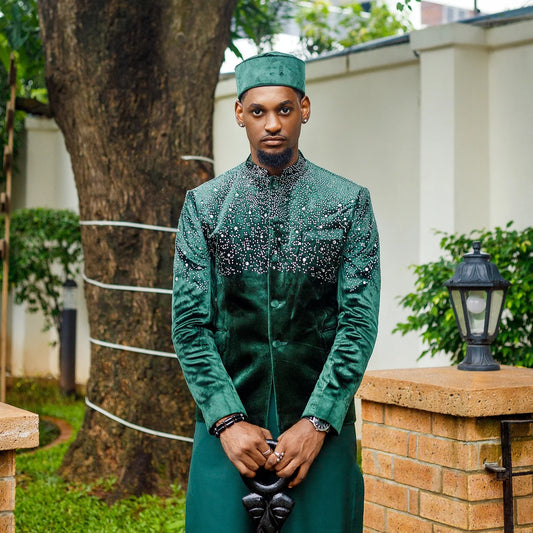 Muslim Men's Suit Beaded Tailor-Made 2 Pieces Set Jacket Rhinestone Middle East Velvet Single Breasted Customized Coat Pants