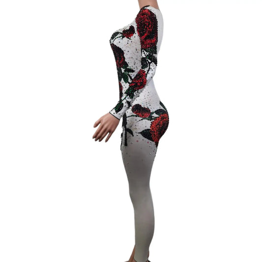 Shining Nightclub Diamond Slim Fit Women Jumpsuits Birthday Party Singer Dancer Stage Clothes Flower Pattern Rompers