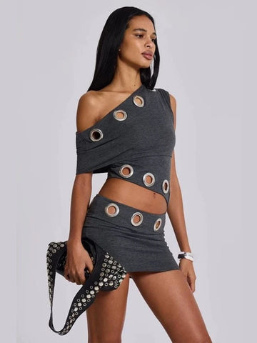 Summer Y2K Vintage Fake 2 Piece Sets Women Off Shoulder Sexy Hollow Out Crop High Waist Bodycon Mini Dress Party Outfits