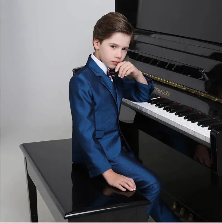 Boys Navy Blue Formal Suit Three Piece Outfit with Striped Bow Tie