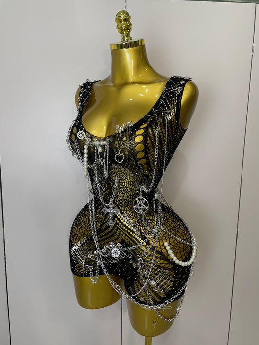 Body transparent sexy pour femme, robe fourreau noire à épingles, mini-robe de soirée, fête d'anniversaire, boîte de nuit, chanteur, danseur, costume de performance
