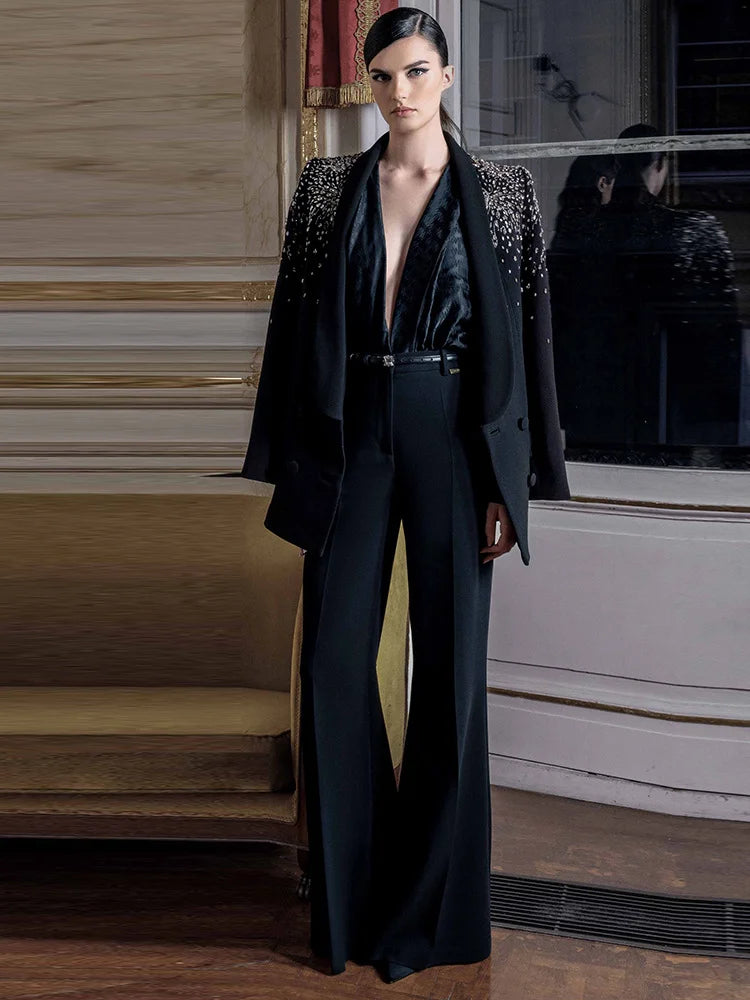 Newest Designer Suit Women Beaded Diamonds  Shawl Collar Double Breasted Blazer Pants Set 2PC
