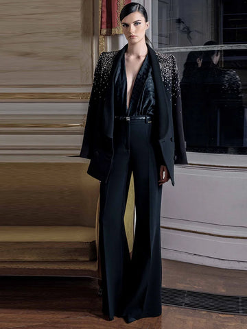 Newest Designer Suit Women Beaded Diamonds  Shawl Collar Double Breasted Blazer Pants Set 2PC