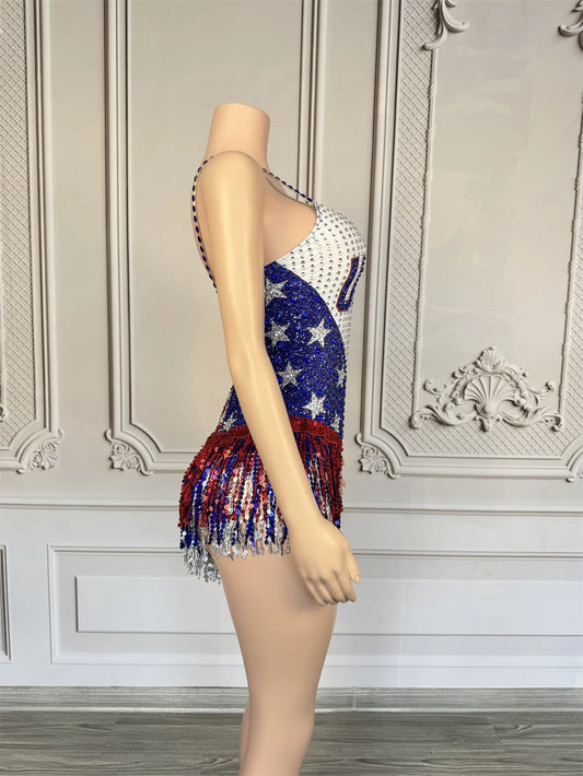 Sparkly Rhinestones Tassel Tight Bodysuit For Women Luxury Sexy V Neck Performance Dance Costume Night Club Show Stage Outfit