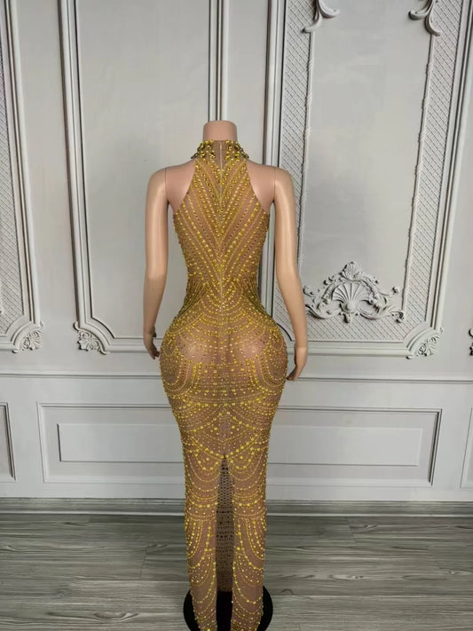 Luxury Pearl Chain Rhinestones Long Dress Women Sexy Mesh Dress Singer Stage Wear Wedding Birthday Drag Queen Photoshoot Dress