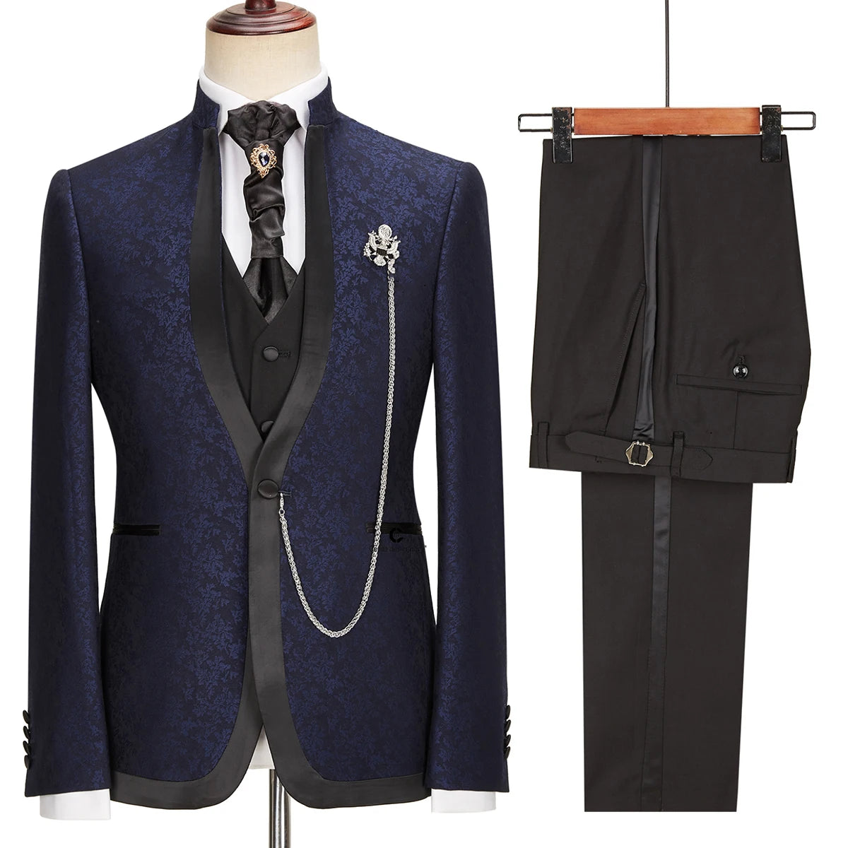 Trajes modernos para hombre, a medida, 3 piezas, blazer jacquard, chaleco negro, pantalón, un botón, sin solapa, para boda, formal, a medida, talla grande. 