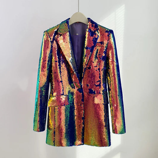 Nuevo diseño de chaqueta de vestir para mujer, con un solo botón, cuello de solapa, lentejuelas de colores azules brillantes, chaqueta larga para fiesta y club. 