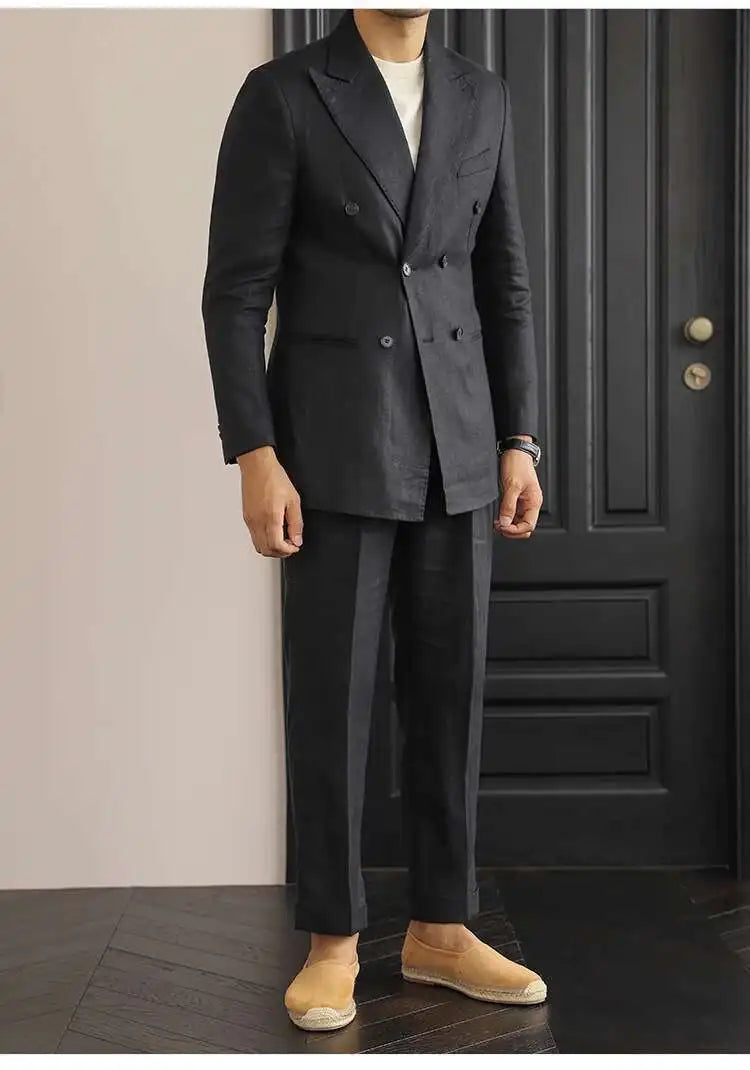 Luxury Linen Double Breasted Italian Suit for Men's Versatile Slim Fit Business Lapel Collar Retro Suit