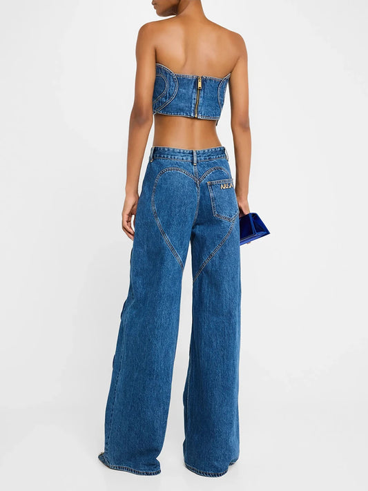 Hit Color Set for Women Strapless Sleeveless Love Patchwork Sexy Vest Wide Leg Hollow Out Jeans Fashion Set Female