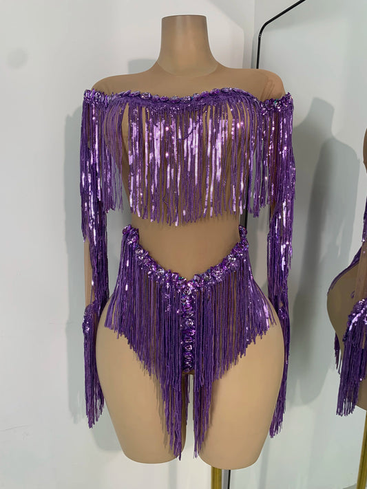 Body con borlas y lentejuelas destellantes, malla morada, transparente, elástico, para bailar, cantante, discoteca, actuación, escenario