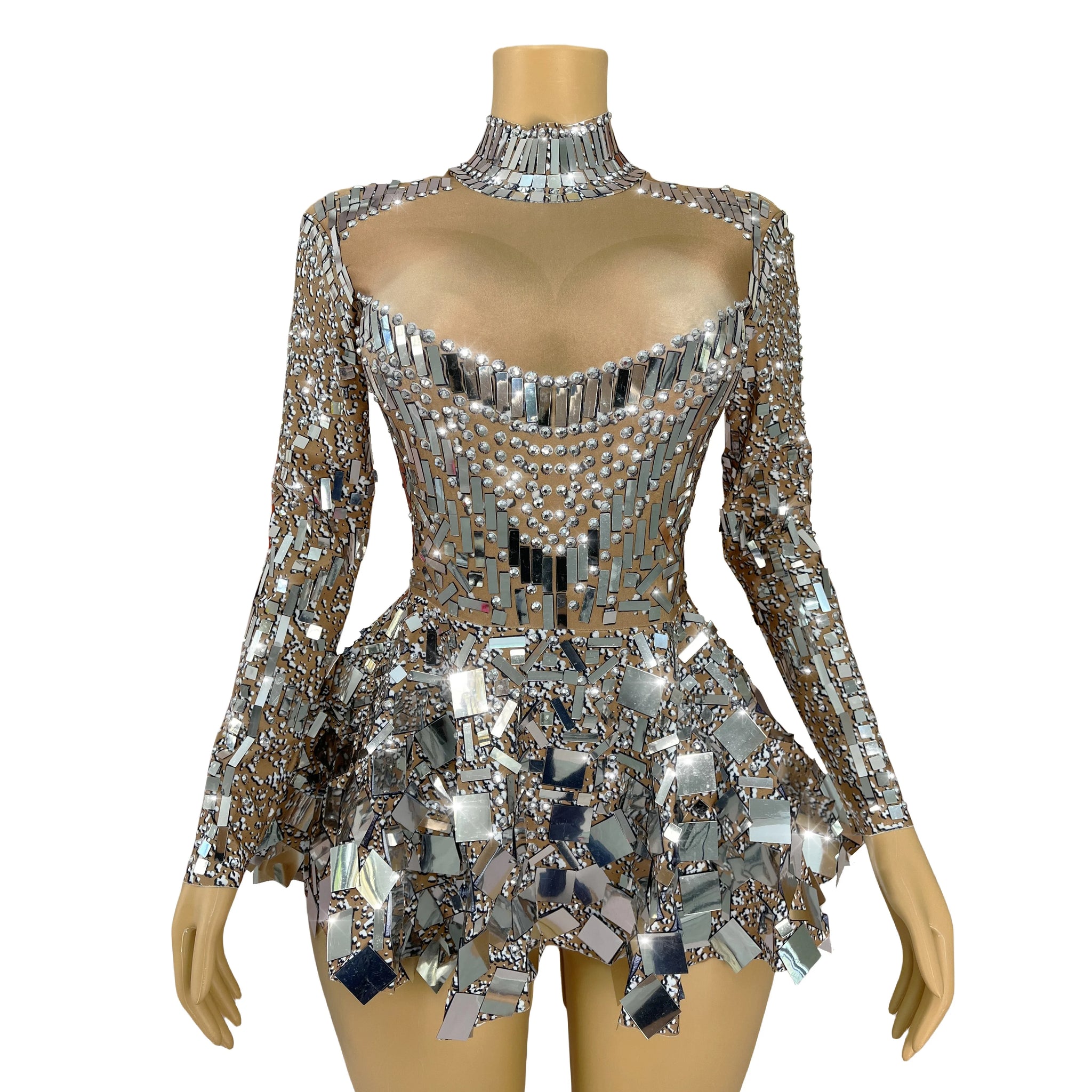 High Quality Perform Costume Sparkly Silver Rhinestones Sequins Ultrashort Dress Women Singer Dancer Stage Outfit