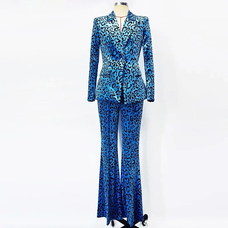 Conjunto de 2 piezas de blazer elegante de manga larga con muescas y bolsillos de leopardo para mujer, pantalones largos acampanados de terciopelo
