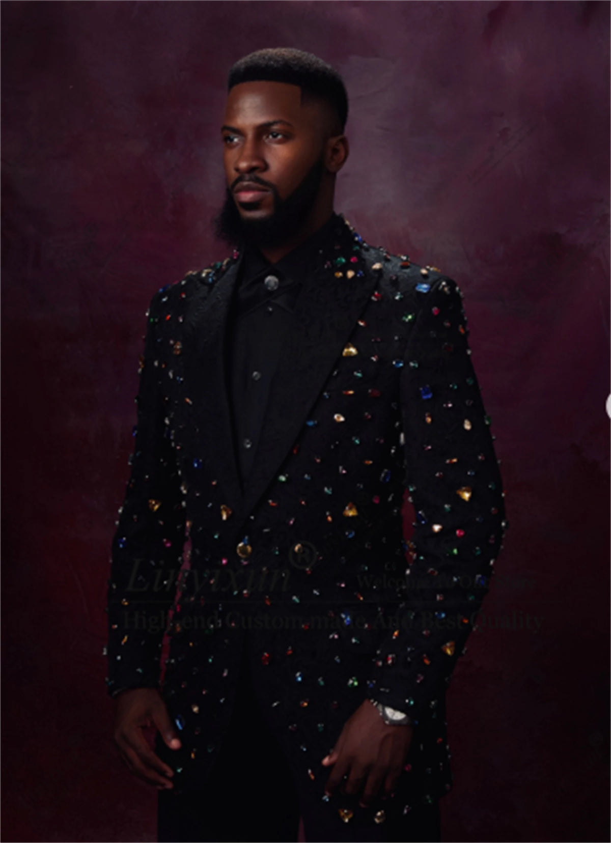 Customized Sparkly Metal Embellished Tuxedos Men Suits Slim Male Party Prom Blazers 2 Pieces Sets Wedding Groom