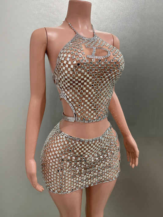 Costume deux pièces sexy transparent pour femme, mini-robe fourreau avec cristaux brillants et diamants argentés, idéal pour une fête d'anniversaire ou une performance