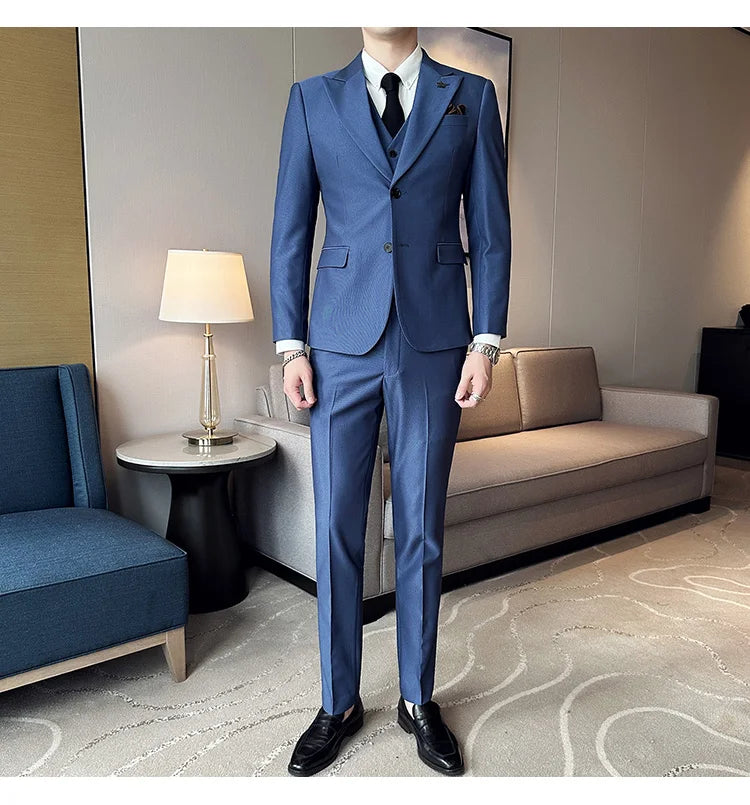 (Chaqueta + chaleco + pantalones) Traje de lujo de primavera para hombre, traje formal para novio, esmoquin de boda, traje ajustado para fiesta de trabajo, 3 piezas