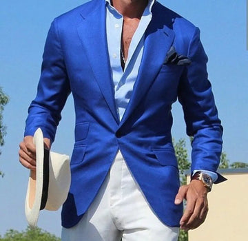 Costume Homme Mariage Blue Men's Suit Blazer Trousers Wedding Wear with White Pants 2Pcs Terno Slim Fit Tuxedo Coat Prom Jacket