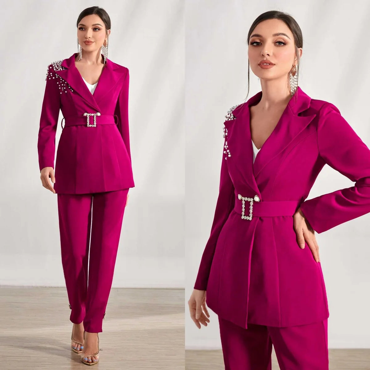 Elegant Customized 2 Pieces Women Suits Pearls Crystal Office Ladies Work Belt Sash Classic Fit Birthday Party Outfits