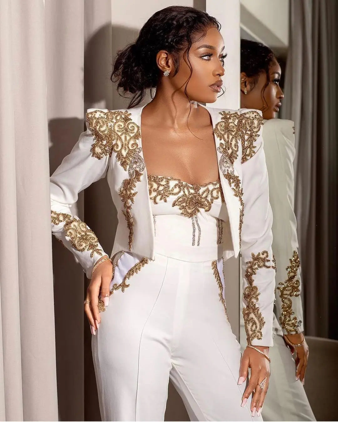Sexy Applique Women Power Suits Fashion Full Length Blazer Strapless Beaded Jumpsuits Casual Daily Formal
