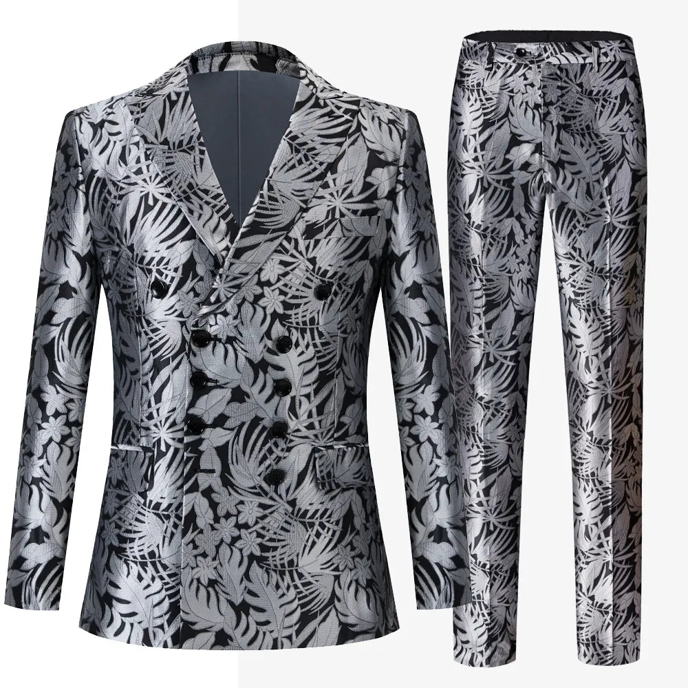 Traje de hombre cruzado con cuello de solapa de pico y jacquard gris, vestido de banquete de boda, conjunto de dos piezas 