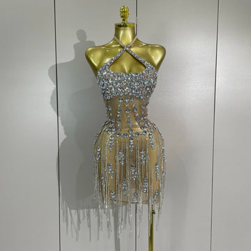 Women Evening Birthday Party Gowns Luxury Diamonds Chain Sexy Halter Mesh See Through Short Dress  Nightclub Singer Stage Outfit