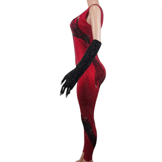 Sparkly Red Rhinestone Jumpsuit Black Hand Gloves Women Celebrate Tights Performance Costume Singer Show Stage Wear