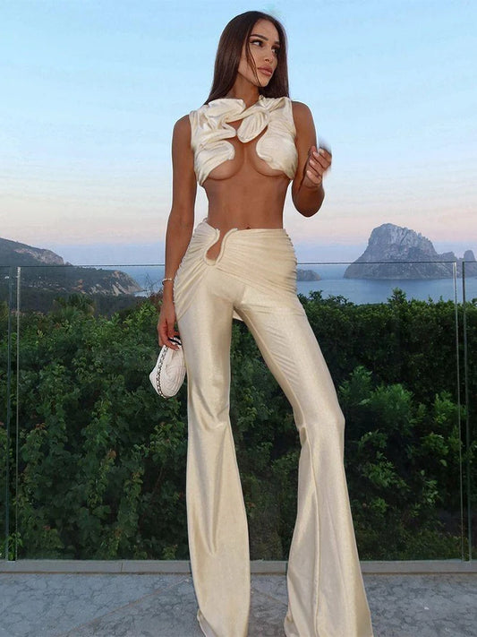 Ensemble 2 pièces à plis métalliques pour femme, débardeur ajouré et moulant chic Y2K + pantalon froncé, tendance féminine, tenues assorties de rue sexy 
