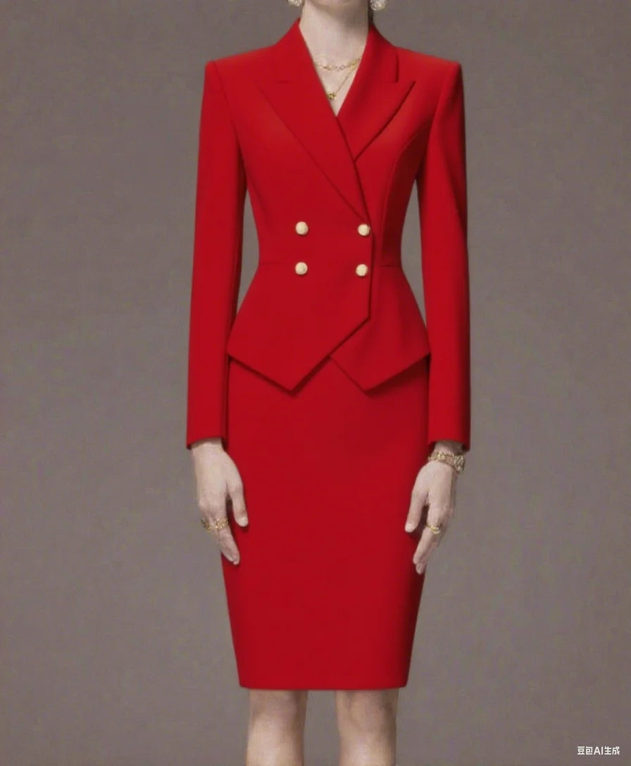 Business Women's Suit Long Sleeves Peak Lapel Lady Set for Wedding Prom Slim Fit 2 Pcs Jacket Skirt Customized
