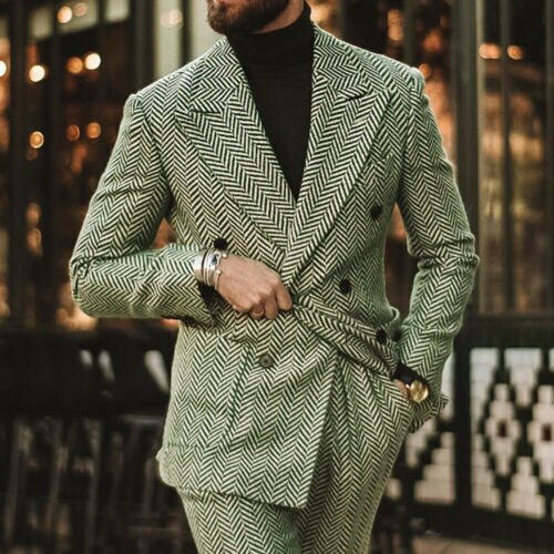 Costume homme à chevrons, coupe slim, mélange de laine, smoking croisé, formel, 2 pièces, veste et pantalon