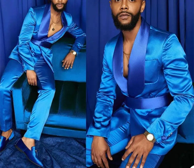 Italian Silver Men Suits Satin Slim Fit Royal Blue Shiny Groom Prom Wedding Tuxedo Tailored Blazer Set Costume Homme