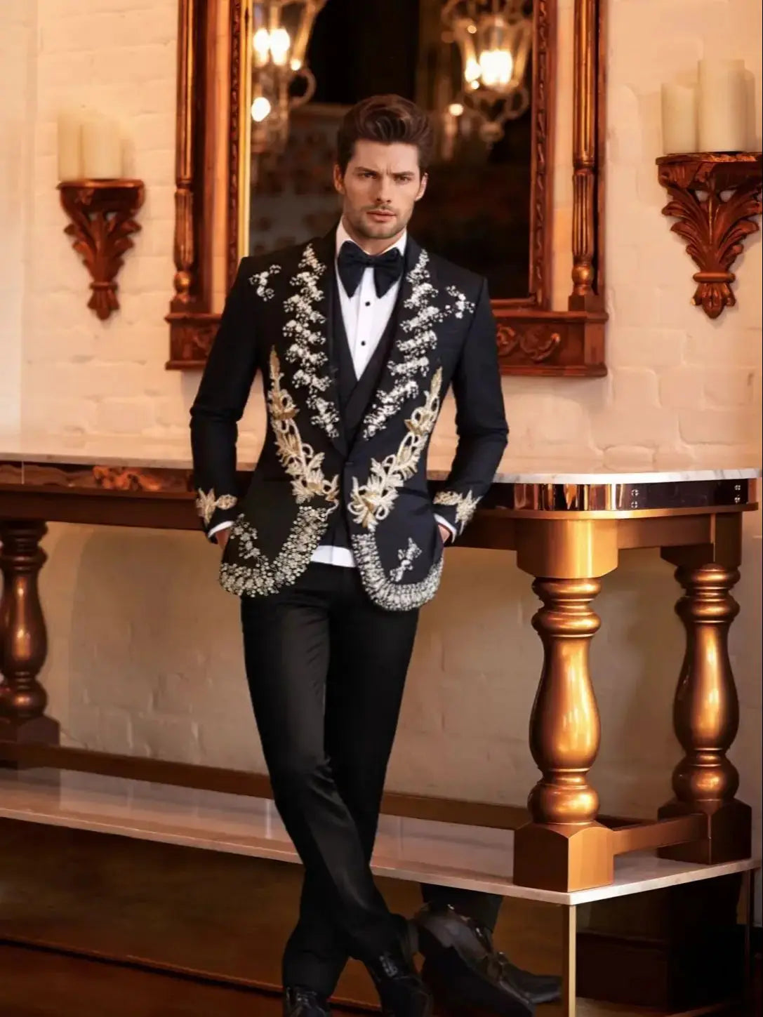 Elegant Men Suit 3 Piece Appliques Coat Blazer Suit Slim Formal Wedding Tuxedos Groom Business Prom Party Customized