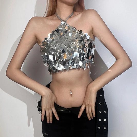 Women Summer Sexy Halter Tie Backless Camisole Glitter Silver Sequins Sleeveless Crop Top Bandeau Vest Clubwear