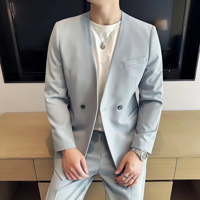 Stylish Men's Suit Coat Collarless V-Neck Solid Wear Style Slim Fit Blazer Jacket Male Black White Blue