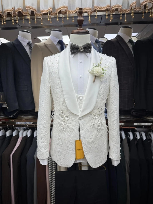 Luxury Men's Suit Shawl Lapel Appliques Tailor-Made 3 Pieces Set Jacket Pearls Jacquard One Button Customized Coat Vest Pants