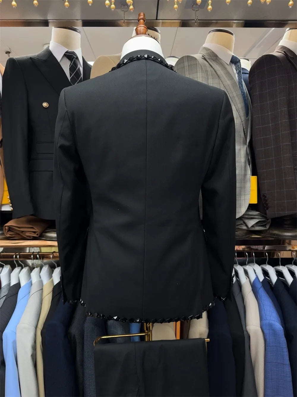 Elegant Crystal Men Suits Wedding Tailor-Made 2 Pieces Set Peaked Lapel Jacquard Jacket Blazer One-Button Customized Coat Pants