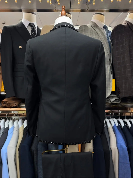 Elegant Crystal Men Suits Wedding Tailor-Made 2 Pieces Set Peaked Lapel Jacquard Jacket Blazer One-Button Customized Coat Pants