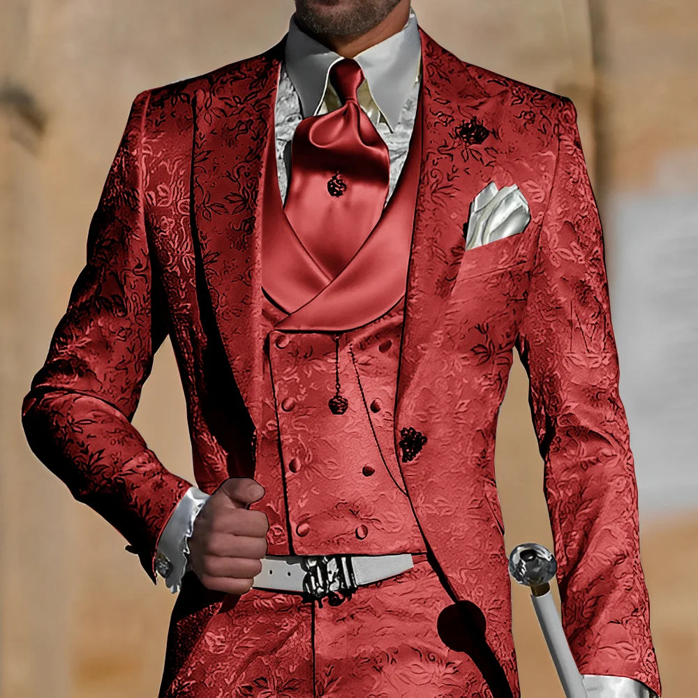 Jacquard Men's Suit 3 Piece Suit Groom Party Tuxedo Wedding Men's Formal Jacket Pants Vest Slim Fit Custom Suit Male