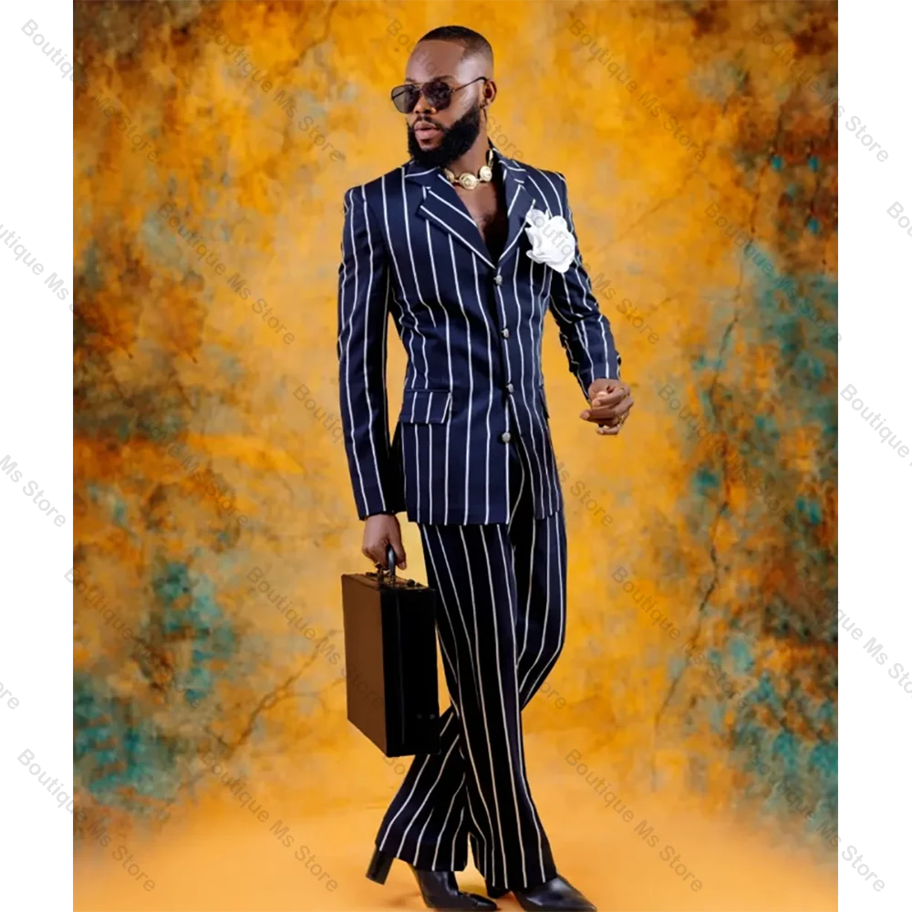 Fashion Navy Blue Stripe Single Breasted Men Suit Two Pieces(Jacket+Pants) Outfits Casual Party Prom Wedding Set