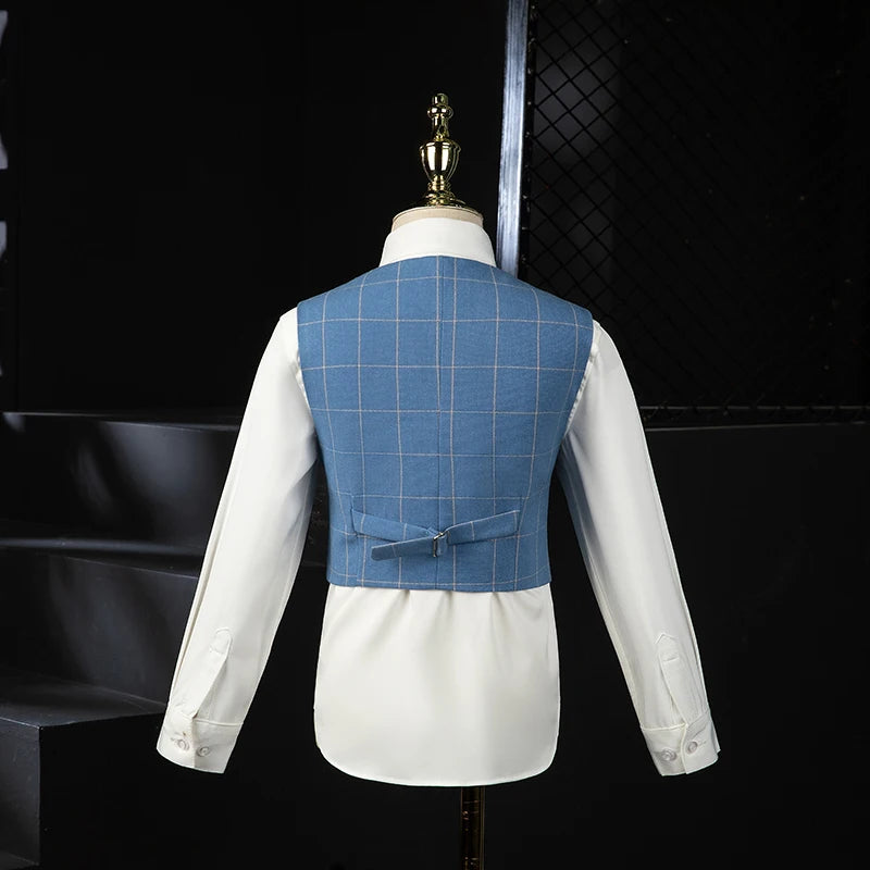 Boys Blue Plaid Three Piece Suit with Bow Tie and Chain Decor