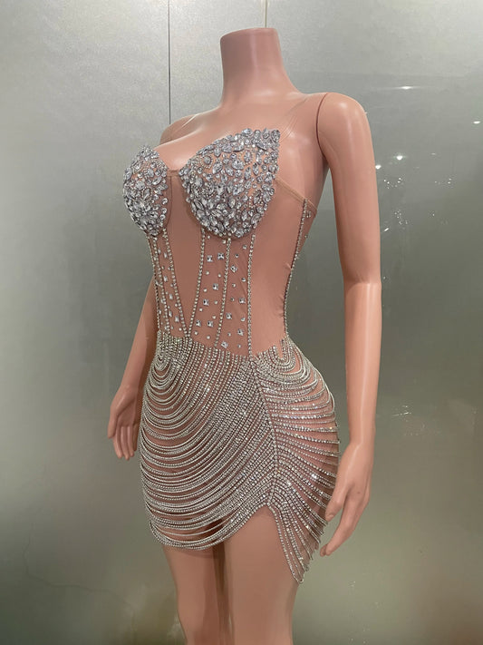 Vestido tubo de malla sin tirantes, sexy, con borlas y cadena de diamantes de imitación brillantes, para mujer, ideal para fiestas de cumpleaños y escenarios nocturnos.
