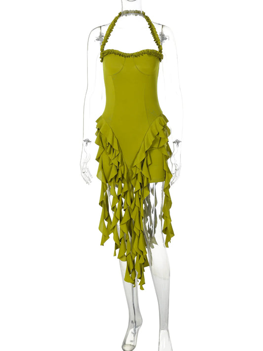 Elegant Halter Solid Ruffles Backless Taseel Sexy Slim Mini Dress Spring Women Cute Outfits Birthday Party Vacation