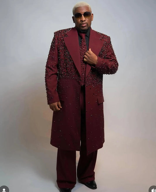 Luxury Men's Suit Peaked Lapel Tailor-Made 2 Pieces Set Jacket Crystal Beading Long Blazer One Button Customized Coat Pants