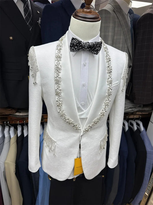 Luxury Crystal Men Suits Tailor-Made 2 Pieces Set Shawl Lapel Jacquard Jacket Tassel Blazer One-Button Customized Coat Pants