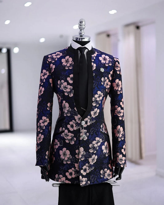 Stylish Men Suits Tailor-Made 2 Pieces Standard Lapel Jacket Flowers Blazer One Button Groom Customized Coat Black Pants