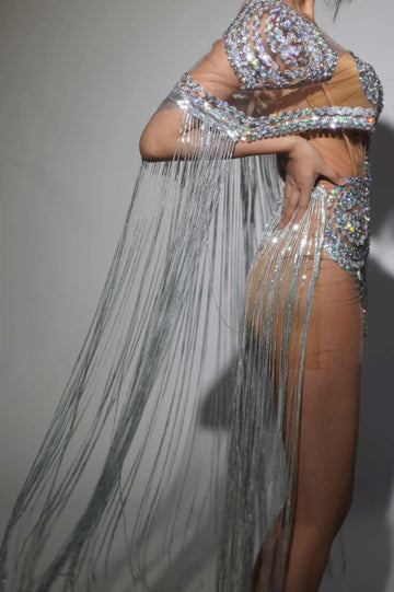 Sparkly Rhinestone Skinny Short Dress with Shawl  Sexy Women Couture Long Tassel Suit Club See Through Mesh Mini Dress