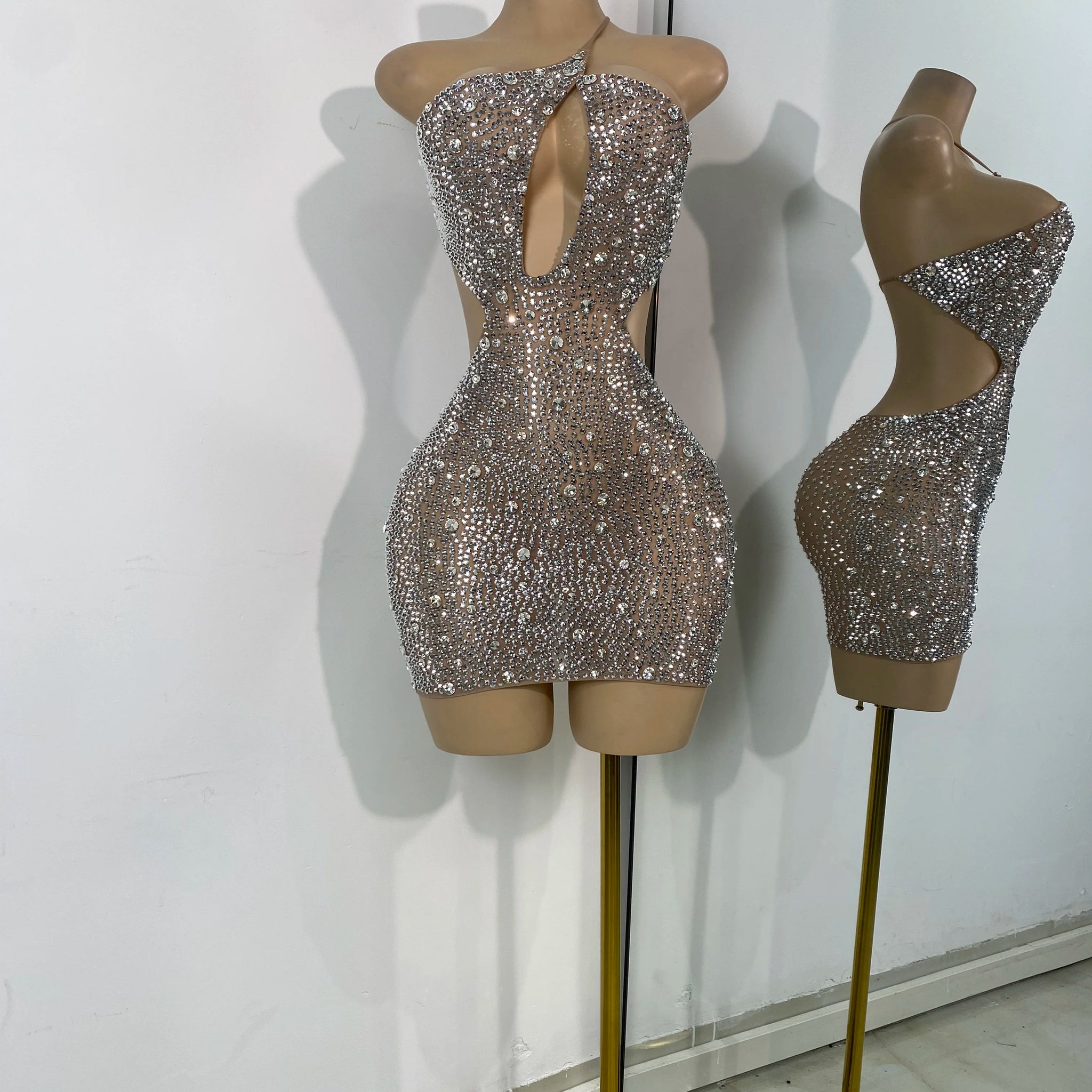 Sparkly Silver Rhinestones Mini Dress Luxury Women Sexy Mesh Hollow Out Celebrity Birthday Cocktail Dresses Performance Wear