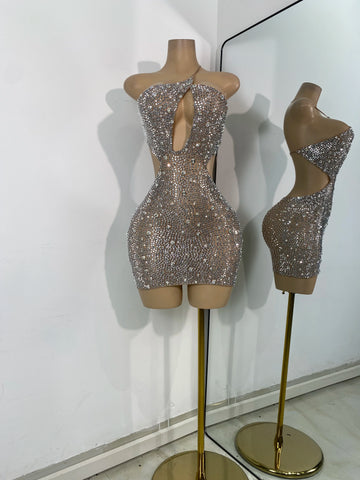 Sparkly Silver Rhinestones Mini Dress Luxury Women Sexy Mesh Hollow Out Celebrity Birthday Cocktail Dresses Performance Wear
